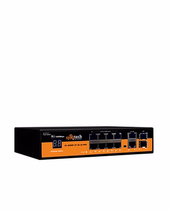 SYROTEC SY-8000P-2T-2S-AI-PRO 8-Port Gigabit PoE Switch | 2 Uplink Ports + 2 SFP | AI Self-Healing | 250m Long-Distance | Digital Display | VLAN Support | Surge Protected