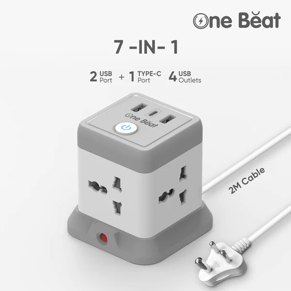 One Beat Cube Socket Extension Board – 4 Universal Sockets, 3 USB Ports (2 USB-A + 1 Type-C) 5