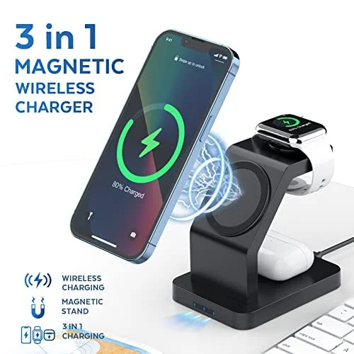 Fast Wireless Charger 3-in-1 23W Mag-Safe Stand for iPhone, AirPods & Apple Watch – Black 2