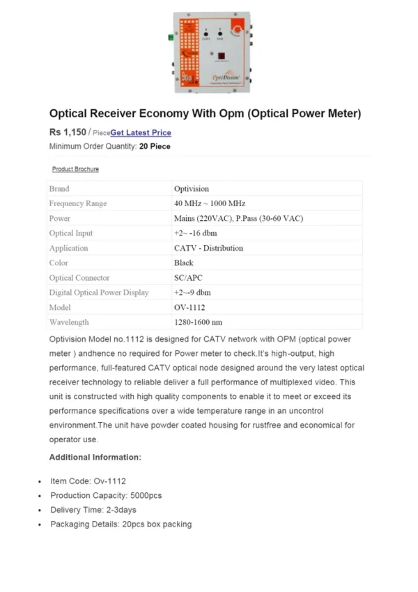 Optivision High-Performance CATV Receiver OV-1112 OPM Optical Node 3