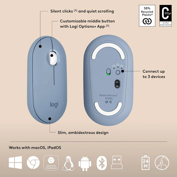 Logitech Pebble 2 Wireless Keyboard and Mouse Combo – Slim, Portable, Bluetooth 4
