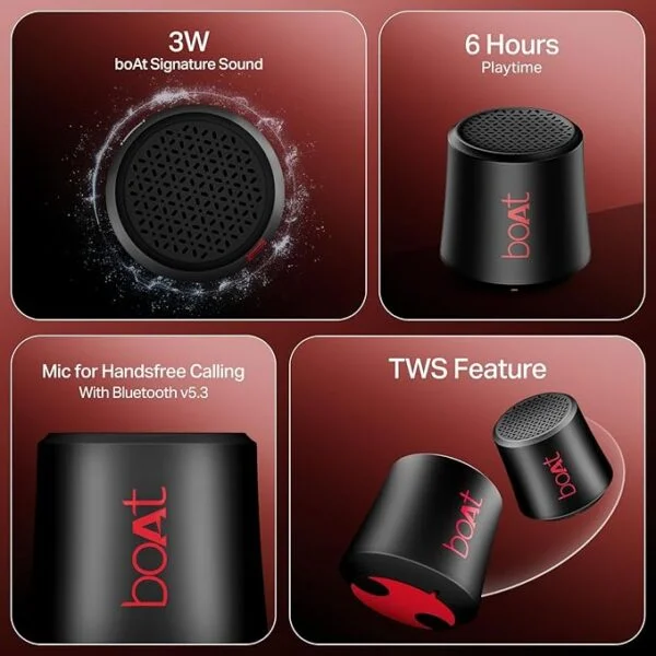 boAt Stone Uno Bluetooth Speaker – 3W Signature Sound, 6HRS Battery, TWS Mode, BT v5.4, Type-C Port 2