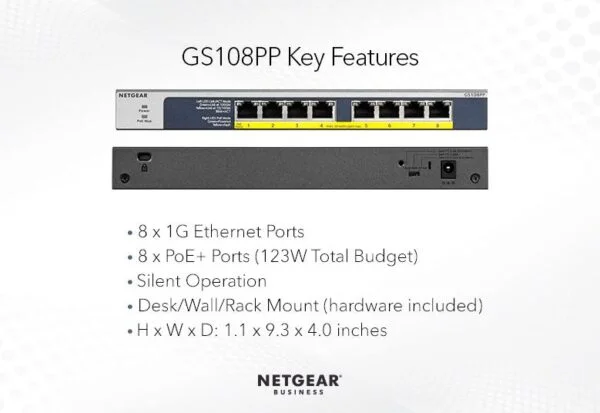 Netgear (GS108PP) GS108PP 8-Port PoE+ Gigabit Ethernet Unmanaged Desktop Switch 3