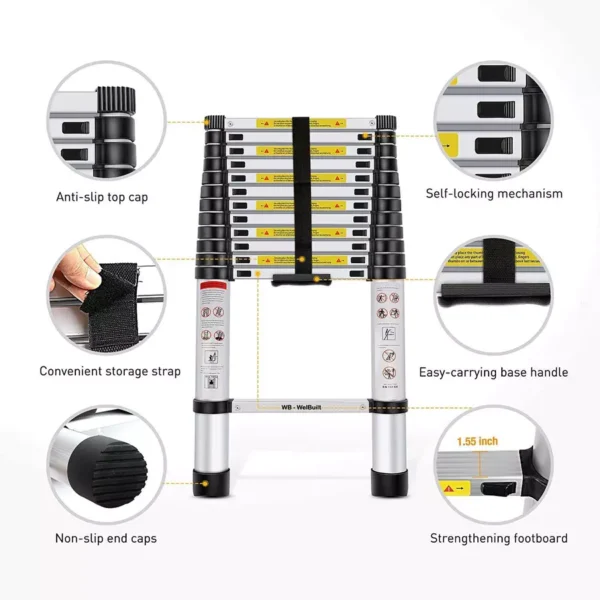 LADDER -Telescopic Stainless Steel Ladder 4.4 m (14.5 Ft) 15 Step Protect Aluminium Portable and Compact | Extension Multipurpose Step Ladder for Home and Outdoor | Anti-Slip Rubber Shoes 2