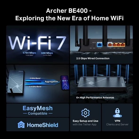 TP-Link Archer BE400 BE6500 Dual-Band Wi-Fi 7 Router 2