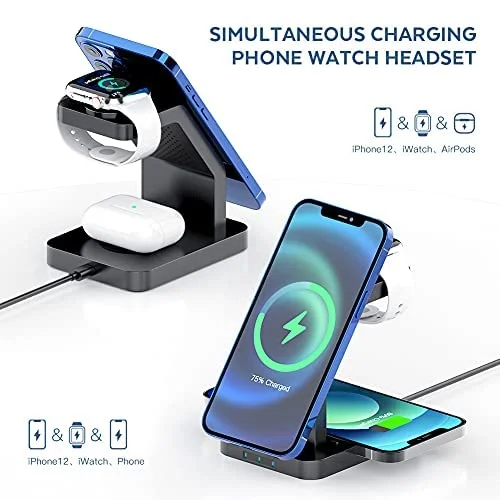 Fast Wireless Charger 3-in-1 23W Mag-Safe Stand for iPhone, AirPods & Apple Watch – Black 6