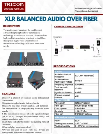 TRICOM Balanced XLR Audio to Fiber Converter Bi-directional (2 channel Bi-directional) 2