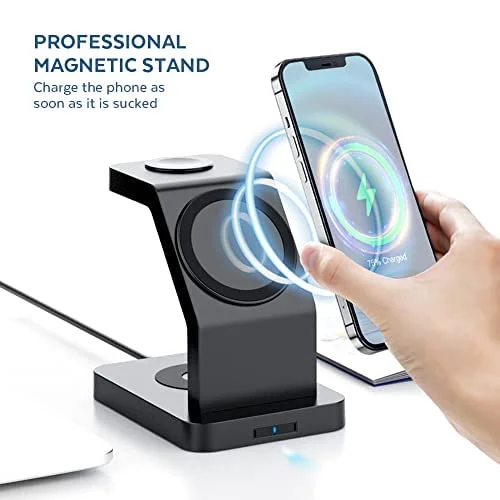 Fast Wireless Charger 3-in-1 23W Mag-Safe Stand for iPhone, AirPods & Apple Watch – Black 3