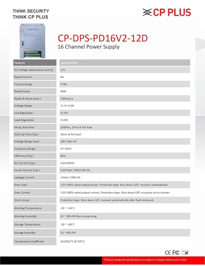 CP PLUS CP-DPS-PD16V2-12D 16 Channel Power Supply – 12V DC Output, CCTV Camera Power Distribution Box, Metal Enclosure, Overload & Short-Circu 3