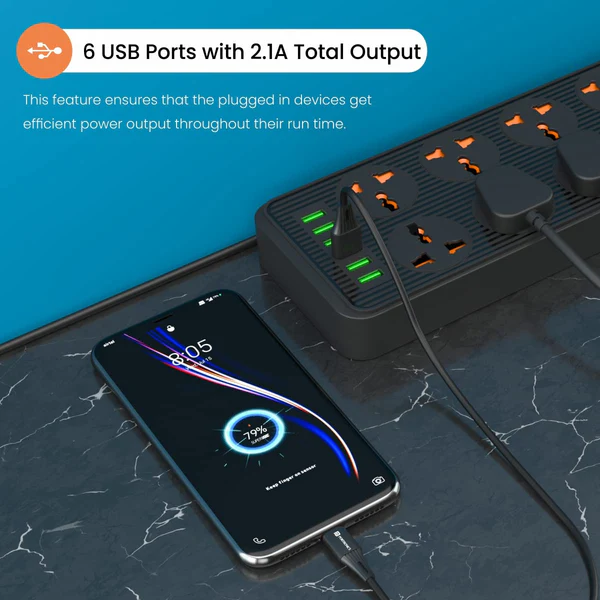 Portronics Power Plate 7 Extension Board – 8 Power Sockets, 6 USB Ports (2.1A) 4