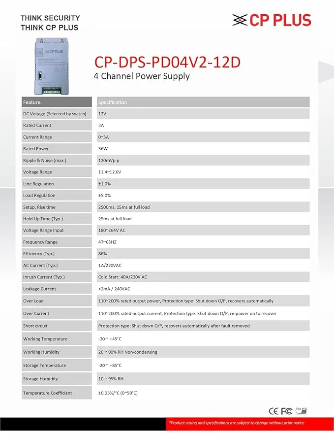 CP PLUS CP-DPS-PD04V2-12D 4 Channel Power Supply – 12V DC Output, CCTV Camera Power Distribution Box, Overload & Short-Circuit Protection 2