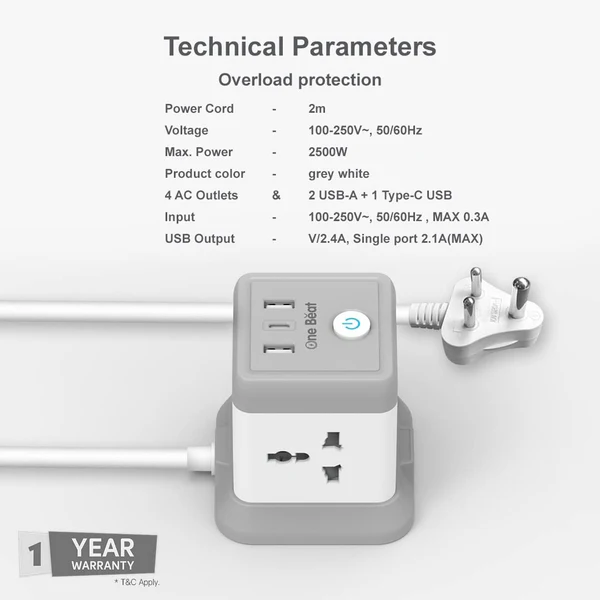 One Beat Cube Socket Extension Board – 4 Universal Sockets, 3 USB Ports (2 USB-A + 1 Type-C) 4