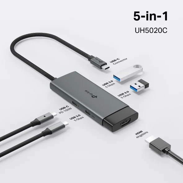 TP-Link UH5020C USB Type-C 5-in-1 Hub – 4K HDMI, USB 3.0 Ports, SD/TF Card Reader, Plug & Play Adapter for Laptops and Tablets 6