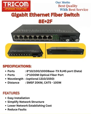 TRIOCM Gigabit Ethernet Fiber Switch 8 Ethernet + 2 Fiber Port Single Mode Single Fiber