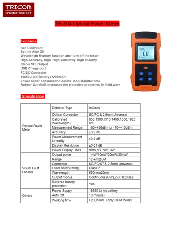 TRICOM Optical Power Meter with VFL TR 504 6
