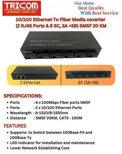 TRICOM 100mbps 6 Fiber & 2 Ethernet Media Converter SMSF 20KM 2