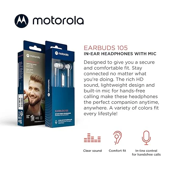 Motorola Wired Earbuds with Microphone – Earbuds 105 Corded in-Ear Headphones, Control Button for Calls/Music, Comfortable Lightweight Easy-Grip Ear Buds, Clear Bass Sound, Noise Isolation 3