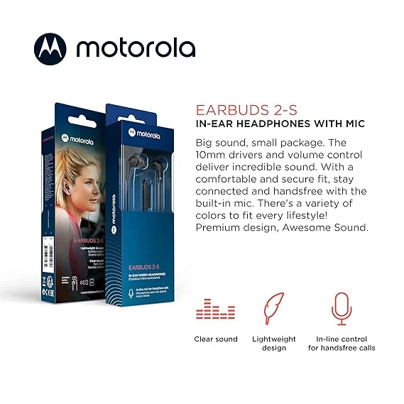 Motorola Wired Earbuds with Microphone – Earbuds 2-S Corded in-Ear Headphones, Control Button for Calls/Music, Comfortable Lightweight Silicone Ear Buds, Clear Bass Sound, Noise Isolation 4