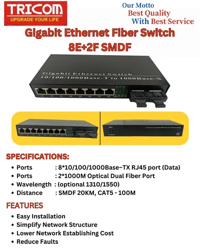 TRIOCM Gigabit Ethernet Fiber Switch 8 Ethernet + 2 Fiber Single Mode Dual Fiber