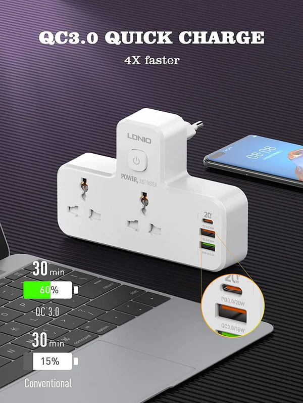 LDNIO SC2311 20W 3-Port Fast Charger Extension with USB-C PD, QC3.0 3
